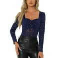 thumbnail image 1 of INSPIRE CHIC Glitter Tops for Women's Sheer Mesh Long Sleeve Sweetheart Neckline Party Blouse Dark Blue S, 1 of 5