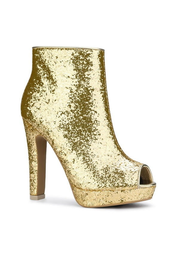 Women's Glitter Peep Toe Platform Block High Heel Boots Gold 10