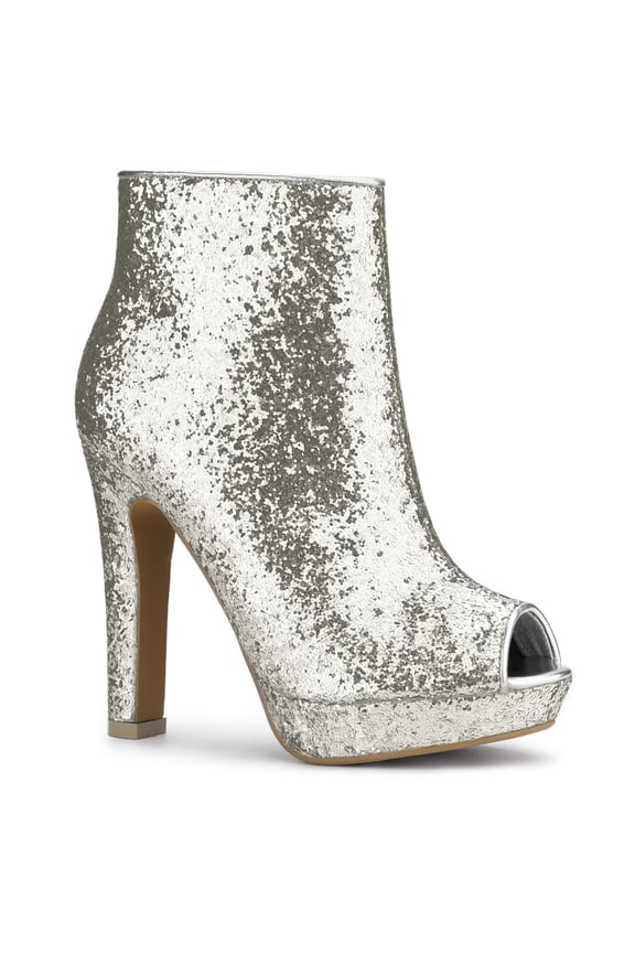 Women's Glitter Peep Toe Platform Block High Heel Boots Silver 6