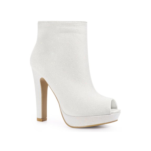 BLISSFUL STEP Women's Glitter Peep Toe Platform Block High Heel Boots White 7.5