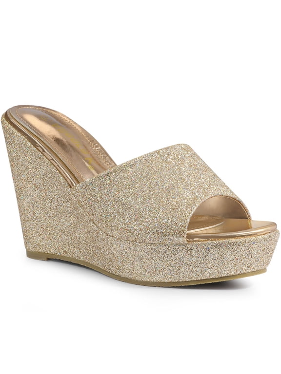 Women's Glitter Wedge Slide Sandals Open Toe Platform Mules Gold 8