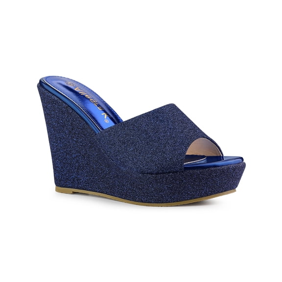 BLISSFUL STEP Women Glitter Platform Slip on Wedge Heels Sandals Navy Blue 8