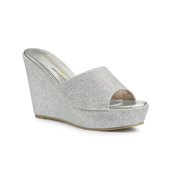 BLISSFUL STEP Women Glitter Platform Slip on Wedge Heels Sandals Silver 5.5