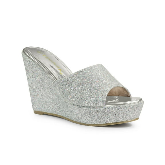 BLISSFUL STEP Women Glitter Platform Slip on Wedge Heels Sandals Silver 8