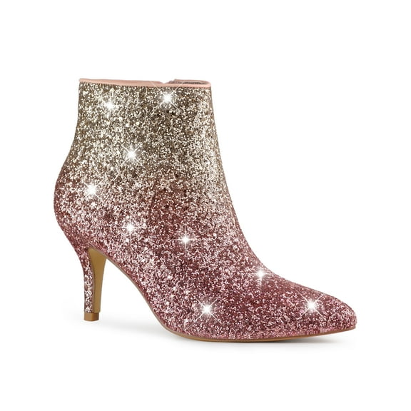 BLISSFUL STEP Women's Glitter Point Toe Stiletto Heels Ankle Boots Silver Pink 8