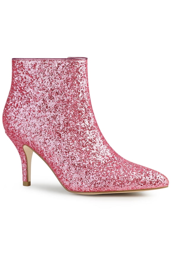 Women's Glitter Point Toe Stiletto Heels Ankle Boots Pink 6