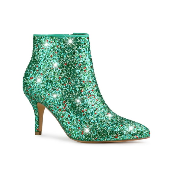 BLISSFUL STEP Women's Glitter Point Toe Stiletto Heels Ankle Boots Shamrock Green 7