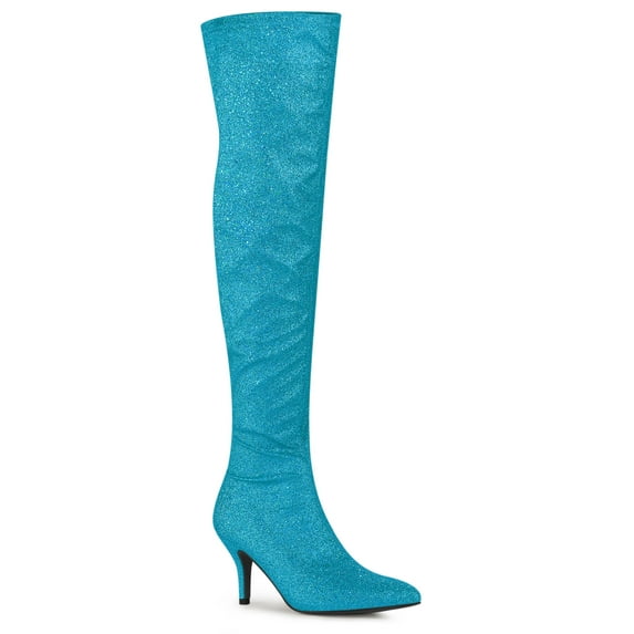 BLISSFUL STEP Women's Boots Glitter Point Toe Stiletto Heels Over The Knee High Boots Sky Blue 10