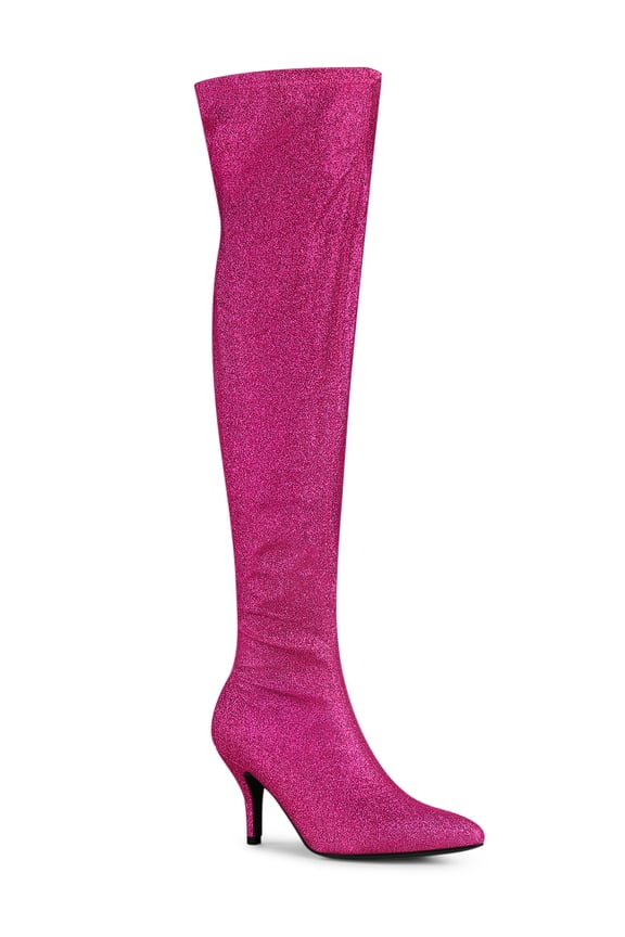 Women's Boots Glitter Point Toe Stiletto Heels Over The Knee High Boots Hot Pink 5.5
