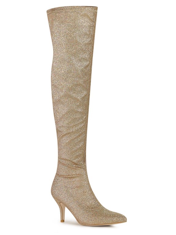 Women's Boots Glitter Point Toe Stiletto Heels Over The Knee High Boots Gold 9