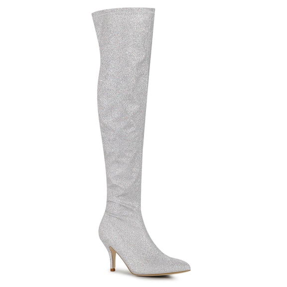 BLISSFUL STEP Women's Boots Glitter Point Toe Stiletto Heels Over The Knee High Boots Silver 8
