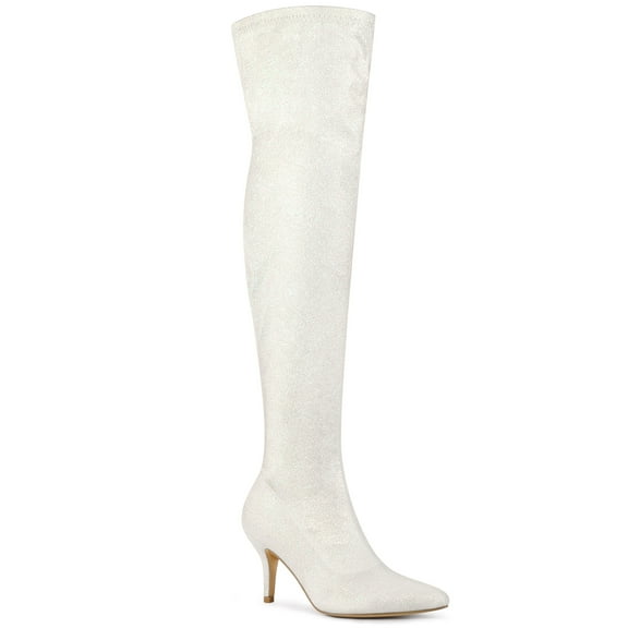 BLISSFUL STEP Women's Boots Glitter Point Toe Stiletto Heels Over The Knee High Boots White 7