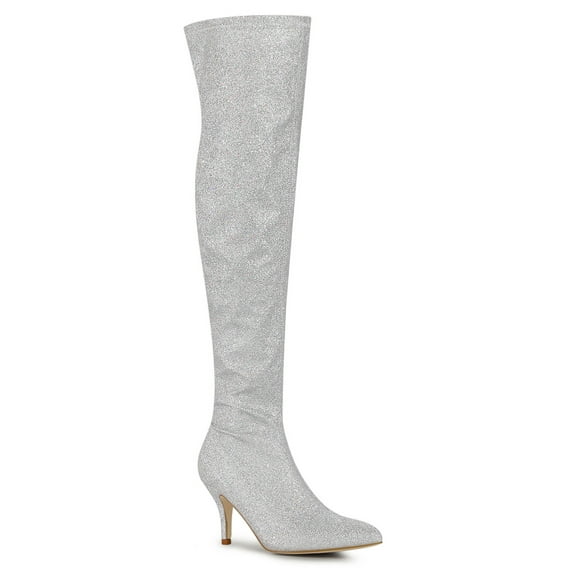 BLISSFUL STEP Women's Boots Glitter Point Toe Stiletto Heels Over The Knee High Boots Silver 9