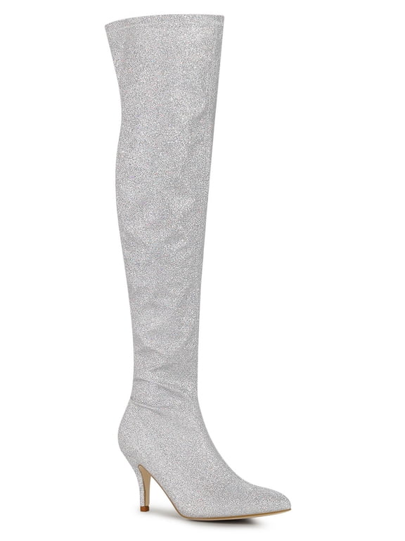 Women's Boots Glitter Point Toe Stiletto Heels Over The Knee High Boots Silver 9