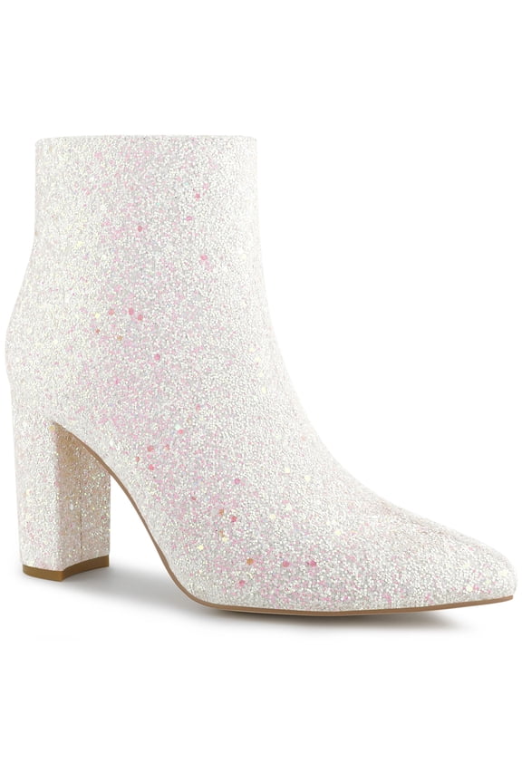 Women's Glitter Pointed Toe Block Heeled Ankle Boots White 7