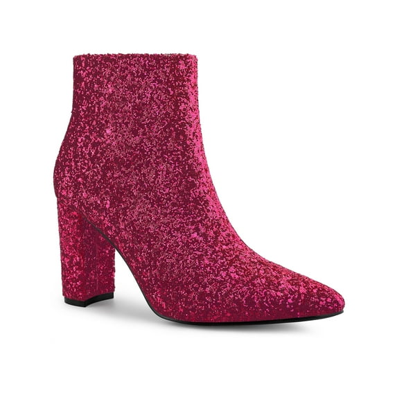 BLISSFUL STEP Women's Glitter Pointed Toe Block Heeled Ankle Boots Hot Pink 9