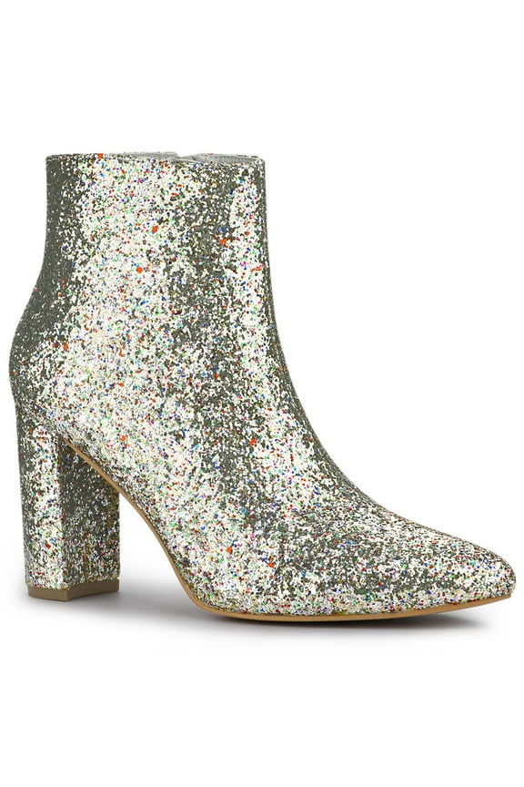 Women's Glitter Pointed Toe Block Heeled Ankle Boots Silver 8