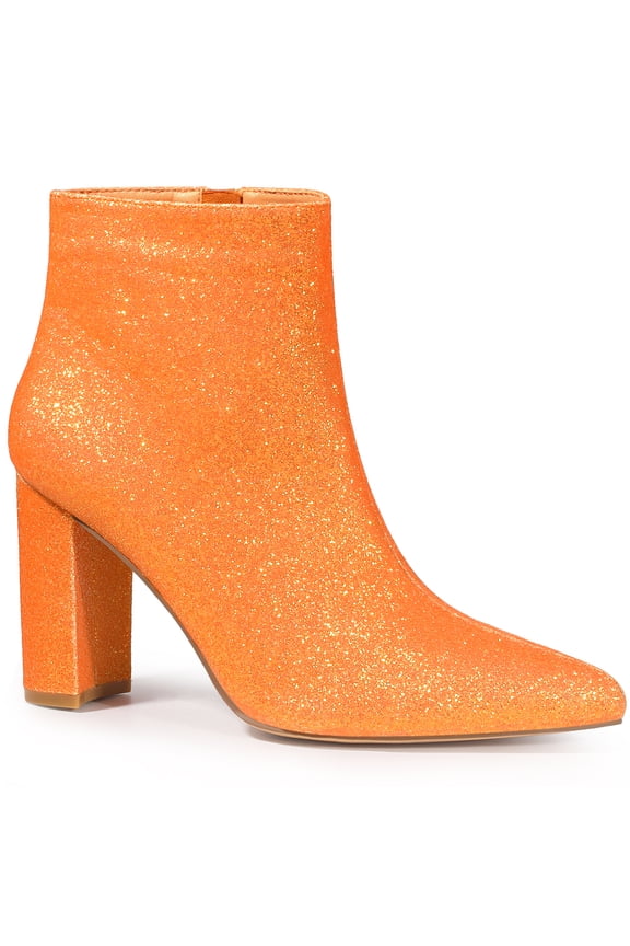 Women's Glitter Pointed Toe Block Heeled Ankle Boots Orange 7