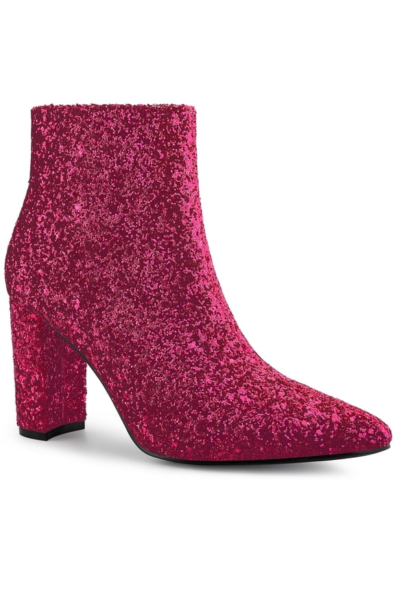 Women's Glitter Pointed Toe Block Heeled Ankle Boots Hot Pink 8