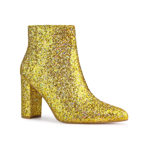 BLISSFUL STEP Women's Glitter Pointed Toe Block Heeled Ankle Boots Yellow Gold 6