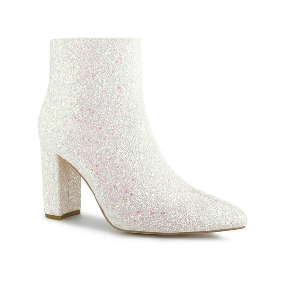 BLISSFUL STEP Women's Glitter Pointed Toe Block Heeled Ankle Boots White 6