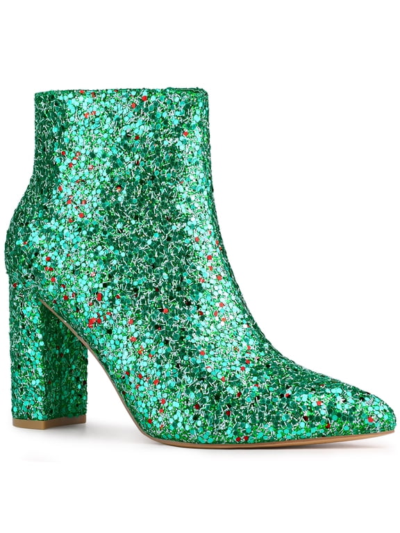Women's Glitter Pointed Toe Block Heeled Ankle Boots Shamrock Green 8
