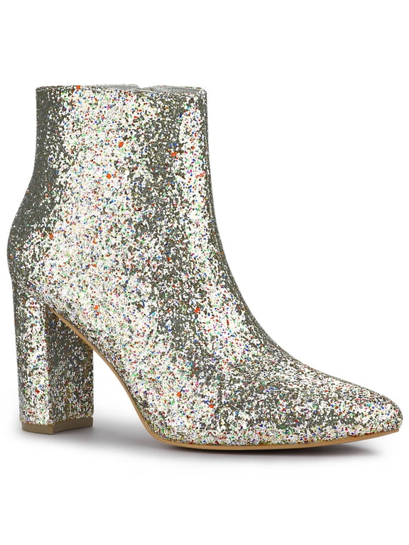Women's Glitter Pointed Toe Block Heeled Ankle Boots Silver 7