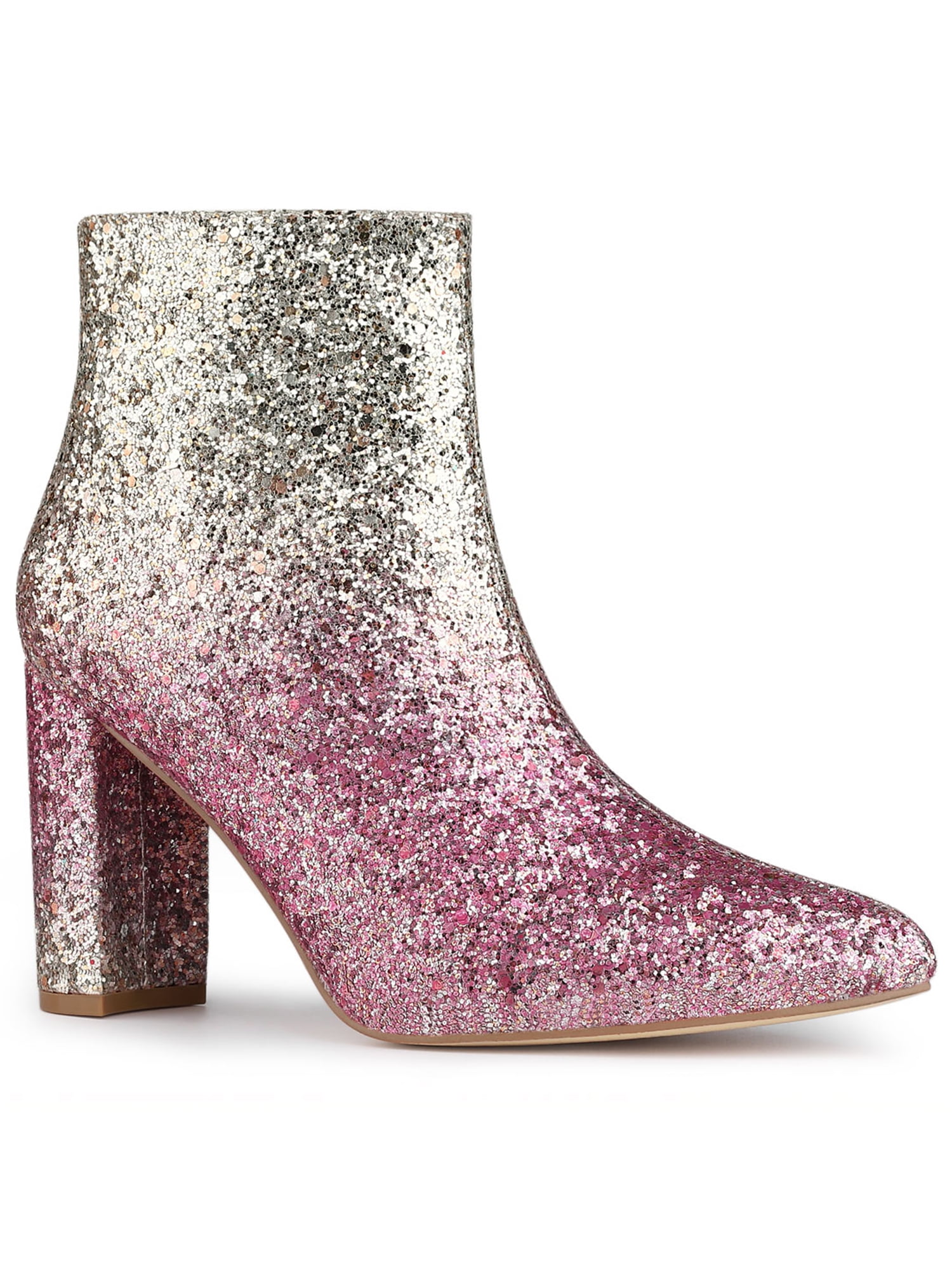 Allegra K Women's Glitter Pointed Toe Block Heeled Ankle Chelsea Boots ...
