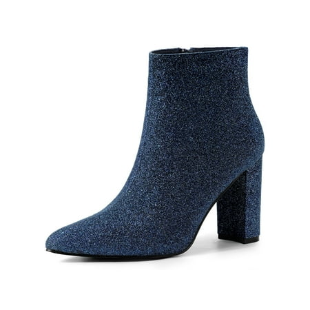 Allegra K Women's Glitter Pointed Toe Block Heeled Ankle Chelsea Boots