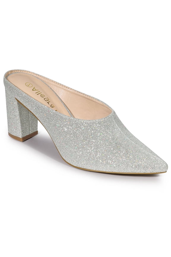 Valentine's Women's Shoes Pointed Toe Slip on Chunky Heels Glitter Slide Mules Shoes Silver 7