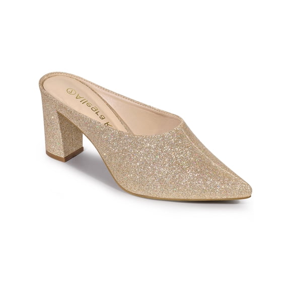 BLISSFUL STEP Valentine's Women's Shoes Pointed Toe Slip on Chunky Heels Glitter Slide Mules Shoes Gold 8