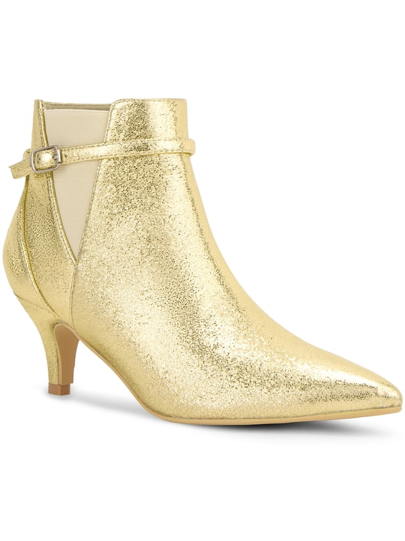 Women's Shoes Glitter Pointed Toe Kitten Heel Buckle Ankle Boots Gold 9