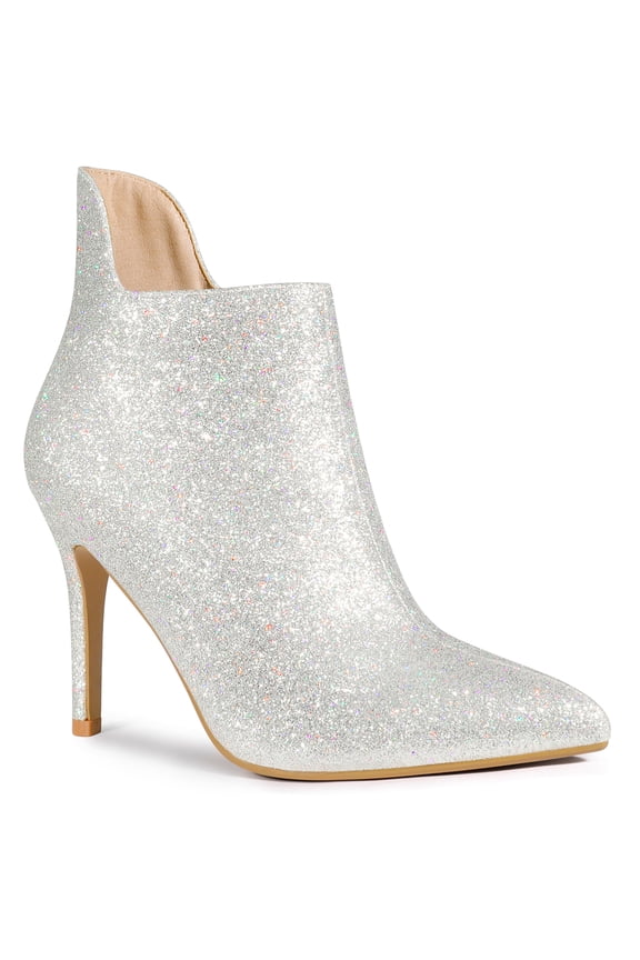 Women's Glitter Pointed Toe Stiletto Heel Cutout Ankle Boots Silver 8