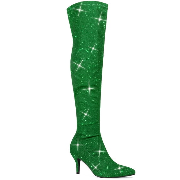BLISSFUL STEP Women's Glitter Pointed Toe Stiletto Heels Over the Knee High Boots Green 10