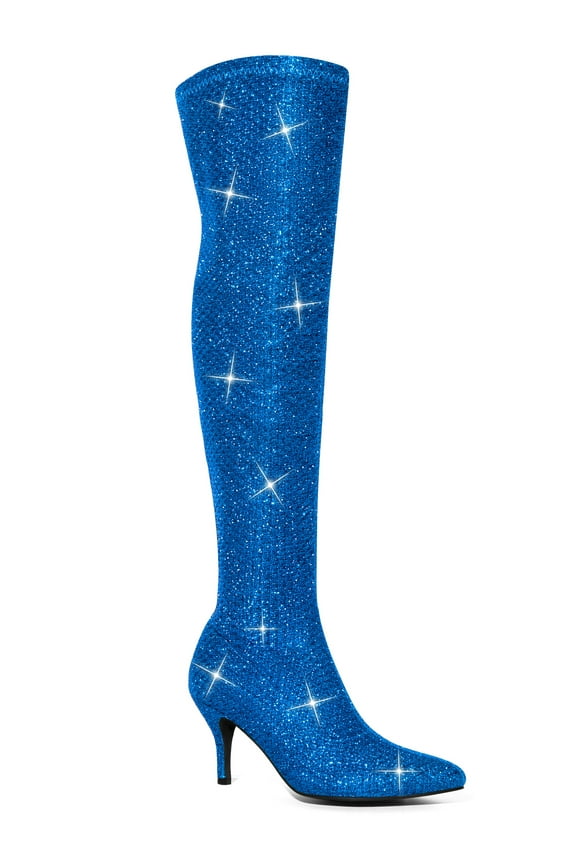 Women's Glitter Pointed Toe Stiletto Heels Over the Knee High Boots Royal Blue 8