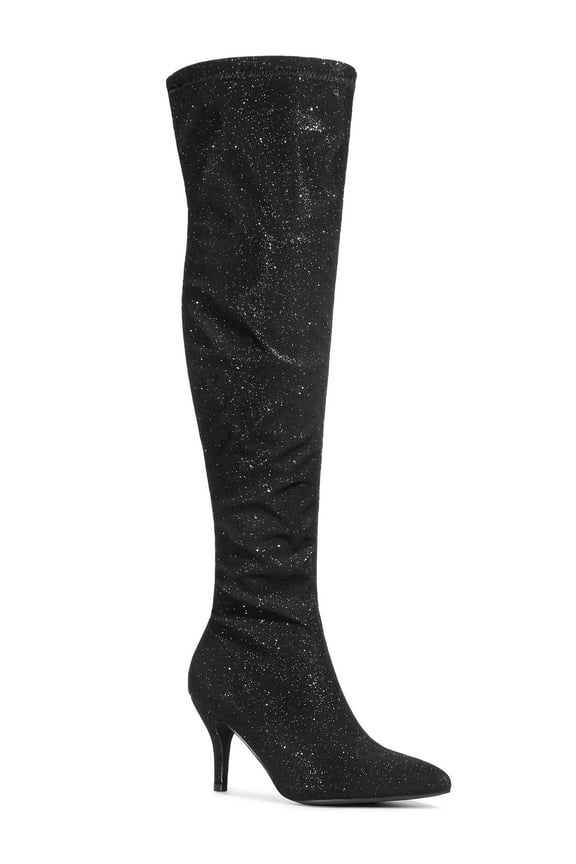 Women's Glitter Pointed Toe Stiletto Heels Over the Knee High Boots Black 6
