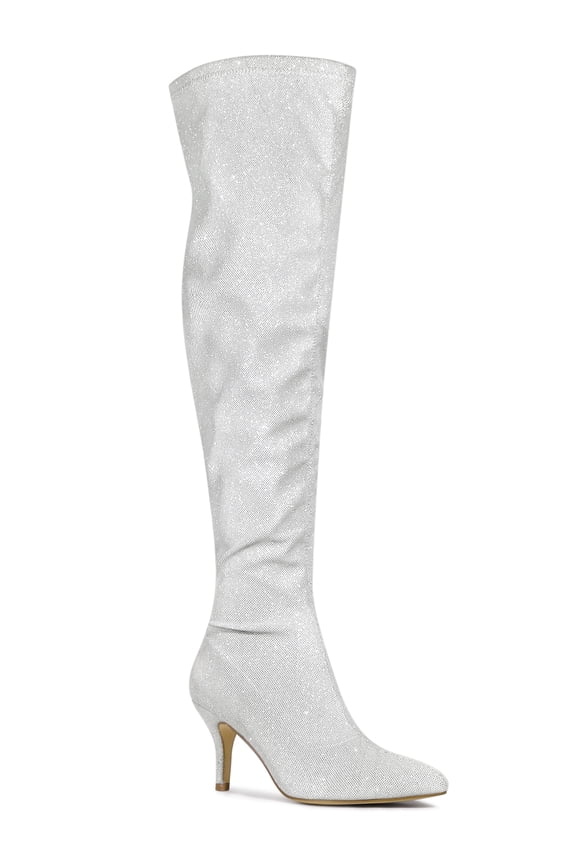 Women's Glitter Pointed Toe Stiletto Heels Over the Knee High Boots Silver 9