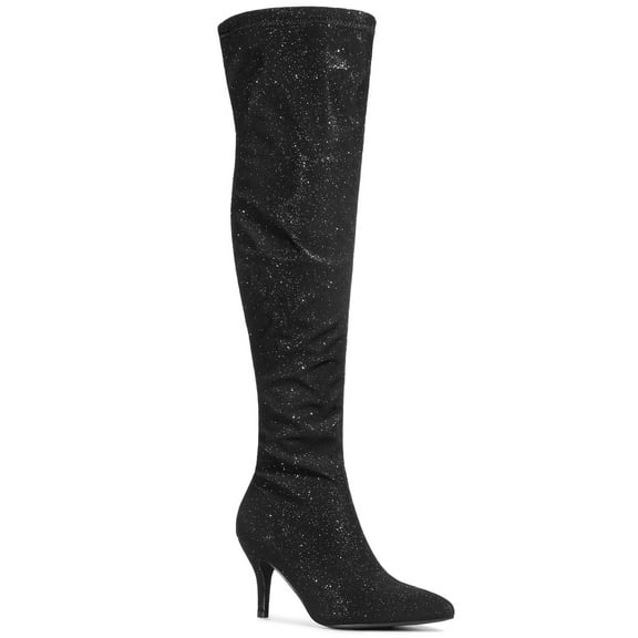 BLISSFUL STEP Women's Glitter Pointed Toe Stiletto Heels Over the Knee High Boots Black 7