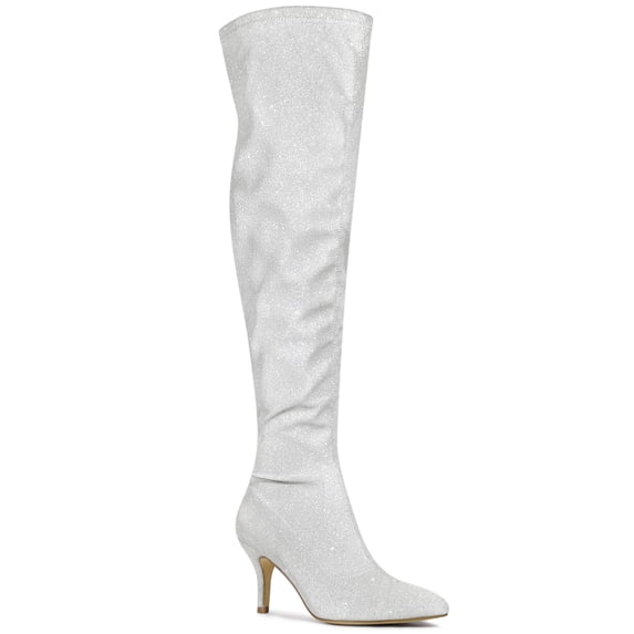 BLISSFUL STEP Women's Glitter Pointed Toe Stiletto Heels Over the Knee High Boots Silver 6