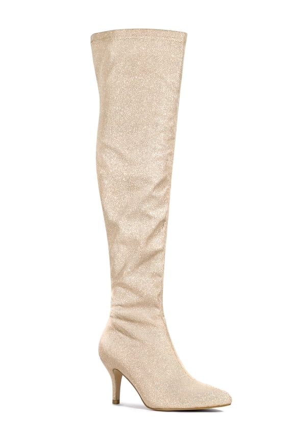 Women's Glitter Pointed Toe Stiletto Heels Over the Knee High Boots Gold 7