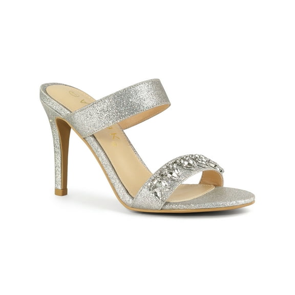 BLISSFUL STEP Women's Glitter Rhines Stiletto Heel Sandals Silver 9
