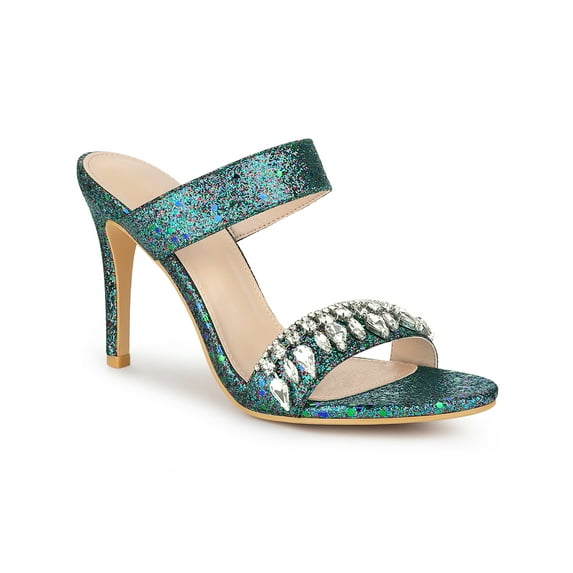 BLISSFUL STEP Women's Glitter Rhines Stiletto Heel Sandals Green 10