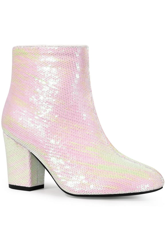 Women's Glitter Round Toe Block Heel Ankle Boots Bling White 7
