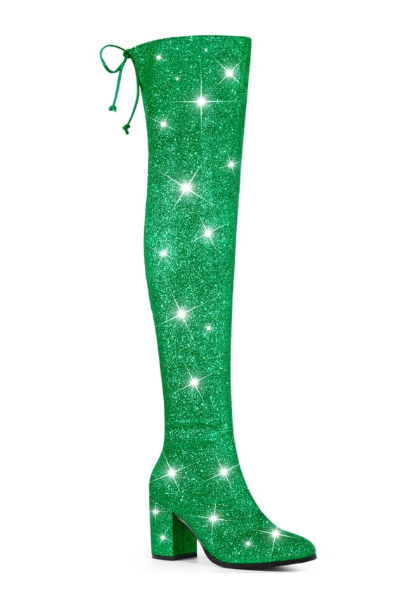 Women's Boots Glitter Over The Knee High Boots Chunky Heel Round Toe Lace Up Sparkly Boots Green 6