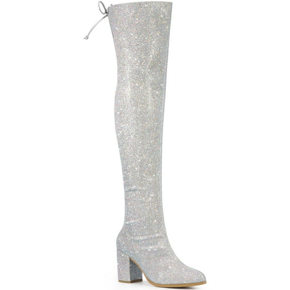 BLISSFUL STEP Women's Boots Glitter Over The Knee High Boots Chunky Heel Round Toe Lace Up Sparkly Boots Silver 10