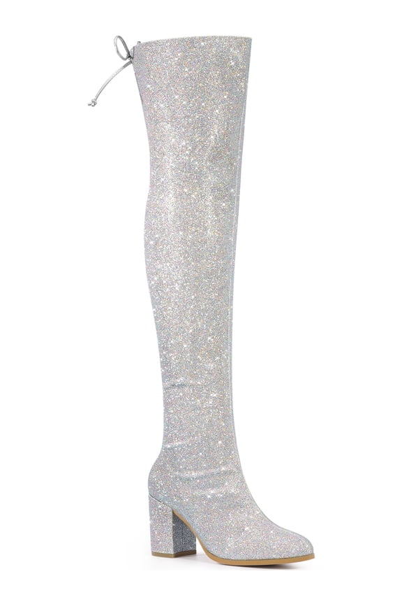 Women's Boots Glitter Over The Knee High Boots Chunky Heel Round Toe Lace Up Sparkly Boots Silver 7.5