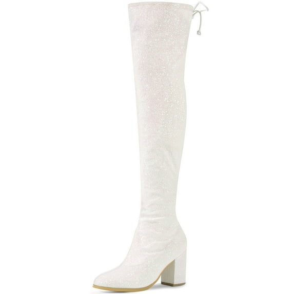 BLISSFUL STEP Women's Boots Glitter Over The Knee High Boots Chunky Heel Round Toe Lace Up Sparkly Boots White 7.5