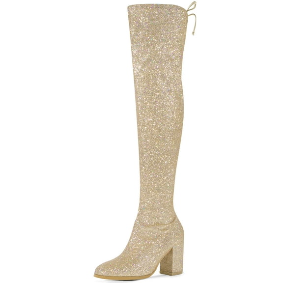 BLISSFUL STEP Women's Boots Glitter Over The Knee High Boots Chunky Heel Round Toe Lace Up Sparkly Boots Gold 6.5