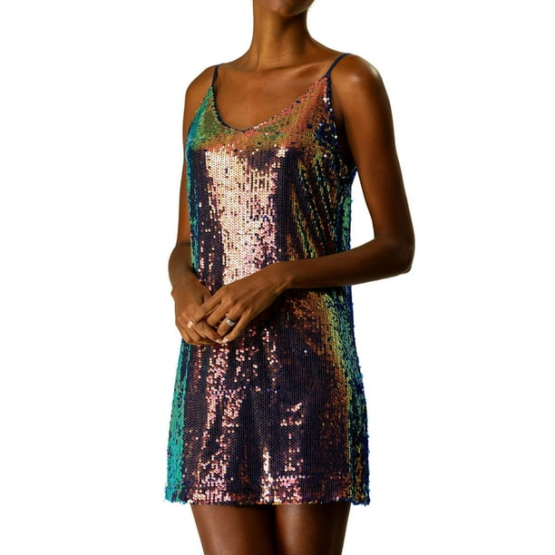 allegra k sequin dress Inspire Chic Women's Dress Glitter Sequin V Neck Adjustable Straps Prom Mini Dress Mermaid XS, Green