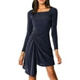thumbnail image 1 of INSPIRE CHIC Women's Glitter Square Neck Long Sleeves Ruched Stretchy Slim Dress Navy Blue S, 1 of 7